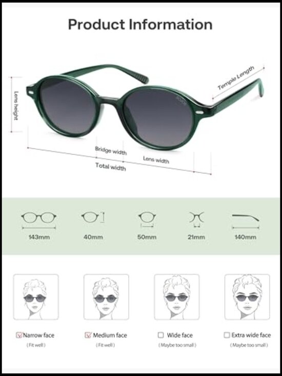 Polarized Oval Round Sunglasses with UV400 Protection, Lightweight Plastic Frame
